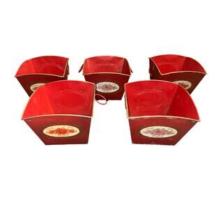 Red Metal Pot Tin Noel Joy Peace Christmas Holiday Flower Plant Planter Vase